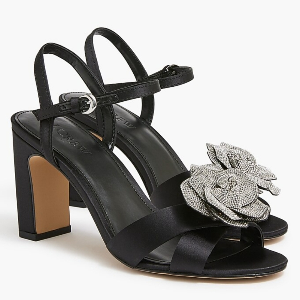 J. CREW Rosette Rhinestone satin heels in Black Size 8.5